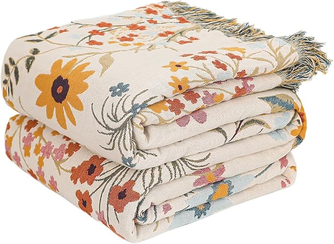 Boho Throw Blanket for Home Decor,Ultra Soft Spring Rustic Classic Quilt,100% Cotton Muslin Blankets for Adults, Reversible Woven Decorative Blanket for Bed Layering Use, Colorful Floral, 60"x80"