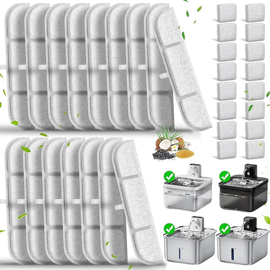Cat Water Fountain Filter, Eyehoce 32 Pack Replacement Filters for DownyPaws Battery Operated Pet Fountain 84oz/2.5L Wireless Dog Cat Water Dispenser DPWFP6 Filter Set (16 Filters & 16 Sponges)