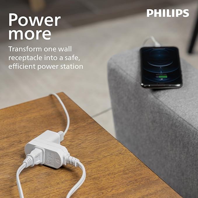 Philips 2-Pack Indoor Extension Cord Power Strip 15 ft, Flat Plug with Multiple Outlets, 2 Prong, White, ETL Listed, SPS3185W/37