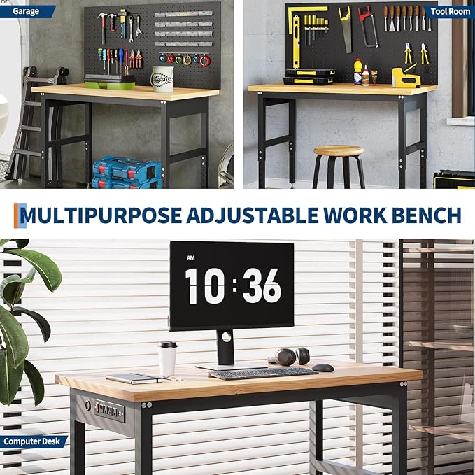 60" Heavy Duty Adjustable Workbench with Pegboard,2000 LBS Capacity Wood Work Table for Woodworking Shop, Garage, Home