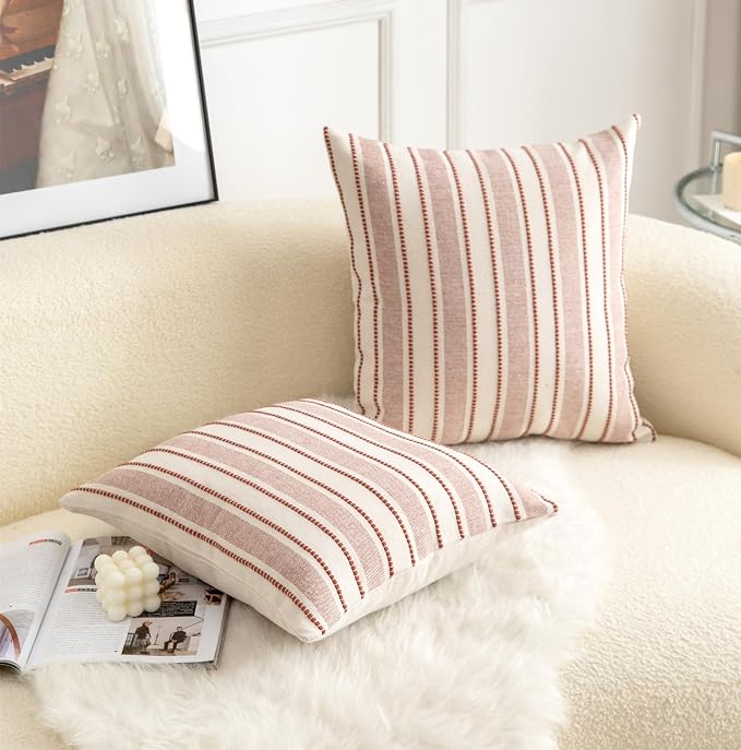 Cethom Decorative Boho Throw Pillow Covers, Farmhouse Textured Pillow Case, 22 x 22 Inch Set of 2, Chair Sofa Bedroom Living Room Home Decor Couch Cushion Case, Rust and Beige Striped