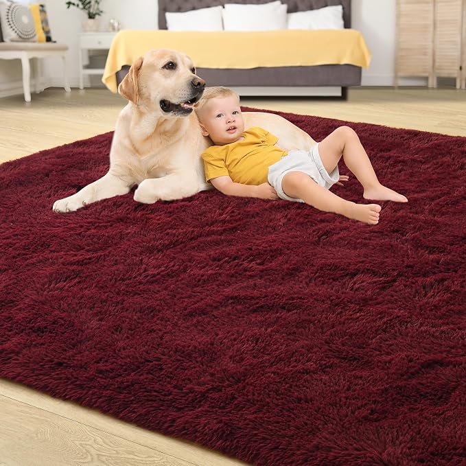 Tepook Fluffy Burgundy Rugs for Living Room, 5x8 Dark Red Area Rug for Bedroom, Soft Shaggy Plush Floor Carpet for Kids Girls Boys Room, Indoor Non Slip and Washable Carpets for Nursery Home Decor