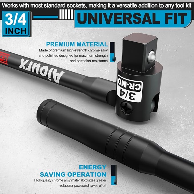 3/4” Drive 41 Inch Breaker Bar, Heavy Duty Head, Premium Chromium-Molybdenum Steel, Laser Etched Marking, for Vehicle Maintenance and Repair, DIY Processing Manufacturing