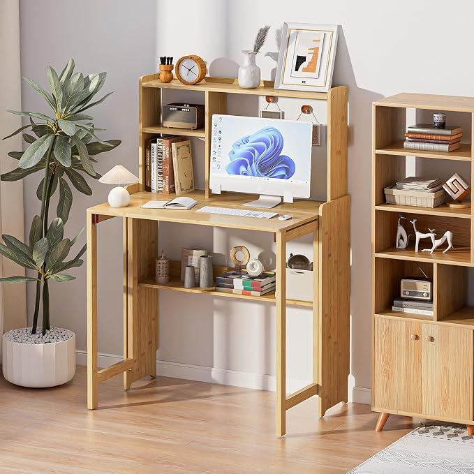 Folding Desk for Small Spaces, Bamboo Foldable Desk with Bookshelf, Natural | Small Computer Desk with Storage, Mid Century, Fold Out，Compact Size, for Bedroom, Living Room, Apartment, Home Office