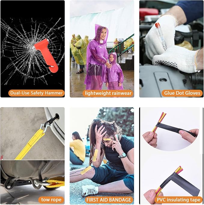 LIANXIN Car Roadside Emergency Kit,with Jumper Cables Car Safety Kits | Emergency Car Kit Tow Straps Headlamp Jumping Cables Safety Hammers Gloves, Breakdowns Gifts for New Drivers