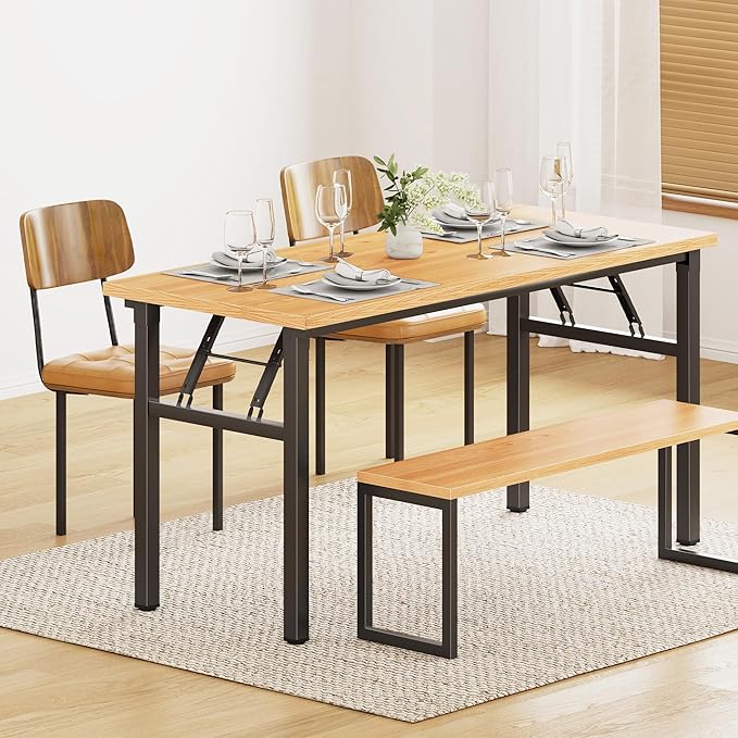 Need Office Computer Desk 54.3 Inch Sturdy Folding Laptop Table Teak | Black Frame Writing Gaming Work Table/Foldable Home Office Desk/Sewing Table, No Assembly Required