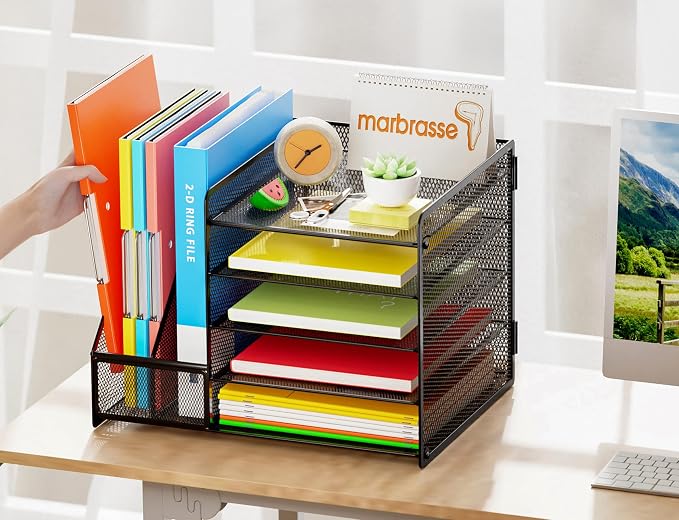 Marbrasse Desk Organizer with File Holder, 5-Tier Paper Letter Tray Organizer, Mesh Desk Organizers and Accessories with Magazine Holder, Desktop Storage for Office Supplies (Black)