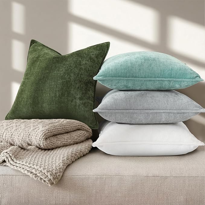 decorUhome Chenille Moss Green Velvet Throw Pillow Covers 22x22 Set of 2 | Fall Soft Euro Sham Couch Decorative Modern Farmhouse Pillow Cases with Elegant Design for Sofa Bed Living Room Home Decor