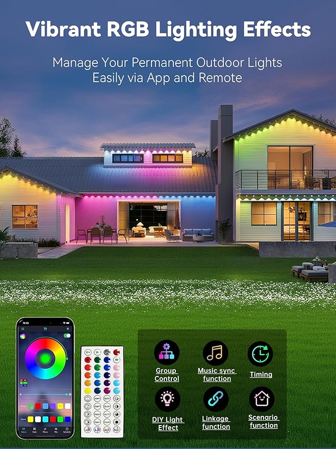 200FT Permanent Outdoor Lights, Smart RGB Eave Lighting for House, IP67 Waterproof LED Outside House Lights with App/Remote Control, for Christmas, Holiday Decor, Party, Daily