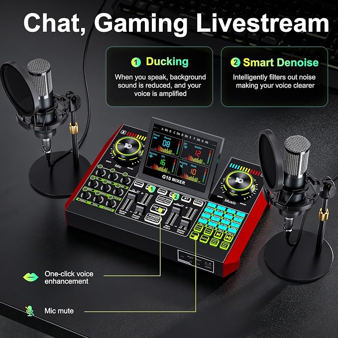 tenlamp G10 Podcast Equipment Bundle for 2 with Live Sound Board Audio Mixer - Two Condenser Mics, Voice Changer, Noise Reduction, for PC/Phone Streaming, Gaming, Singing, Podcast, Recording