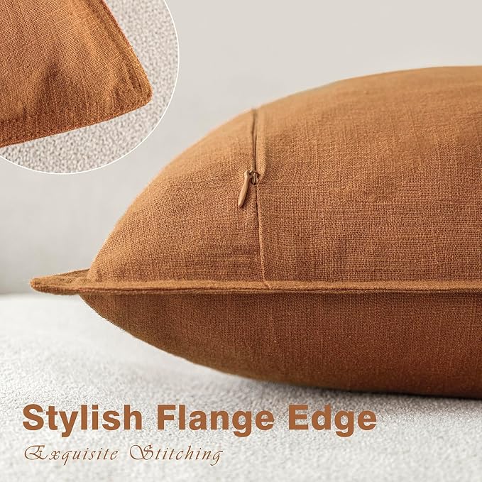 Foindtower Set of 2, Decorative Linen Solid Throw Pillow Covers Soft Accent Cushion Euro Case Boho Farmhouse Pillowcase for Chair Couch Sofa Bedroom Living Room Home Decor 24 x 24 Inch Autumn Orange