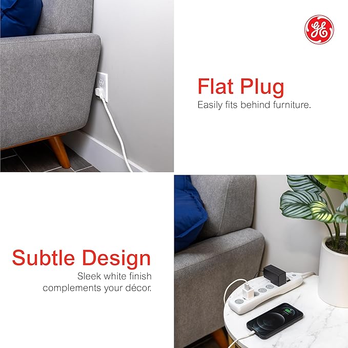 GE Surge Protector Power Strip, 25 Ft Extension Cord, 6 Outlet Extender, 800 Joules, Flat Plug, Twist-to-Close Safety Covers, ETL Listed, White, 61291