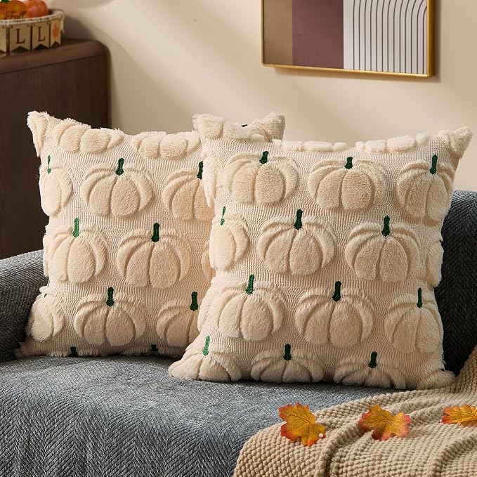 DFXSZ Fall Pillow Covers 20x20 2Pcs Beige Green Pumpkin Fall Decorations | Fall decor Set of 2 Throw Pillow Cases Soft Plush Faux Fur Wool Couch Cushion for Chair Sofa Bedroom Living Room Home Decor