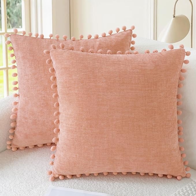 CaliTime Decorative Couch Throw Pillow Covers 18 X 18 Inches Dusty Pink | Pack of 2, Cozy Chenille Cushion Cases, with Pom Poms for Sofa Bed Living Room Farmhouse Home