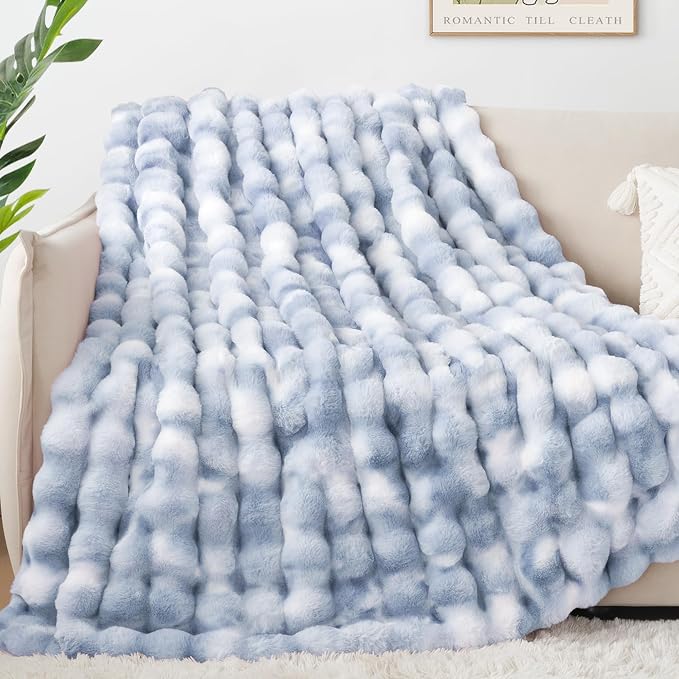 Luxury 1000GSM Faux Rabbit Fur Throw Blanket, Super Heavy Warm Cozy Grey Blankets for Couch Bed Sofa, Ruched Plush Fuzzy Elegant Soft Reversible Mink Blanket for Living Room Bedroom, Blue