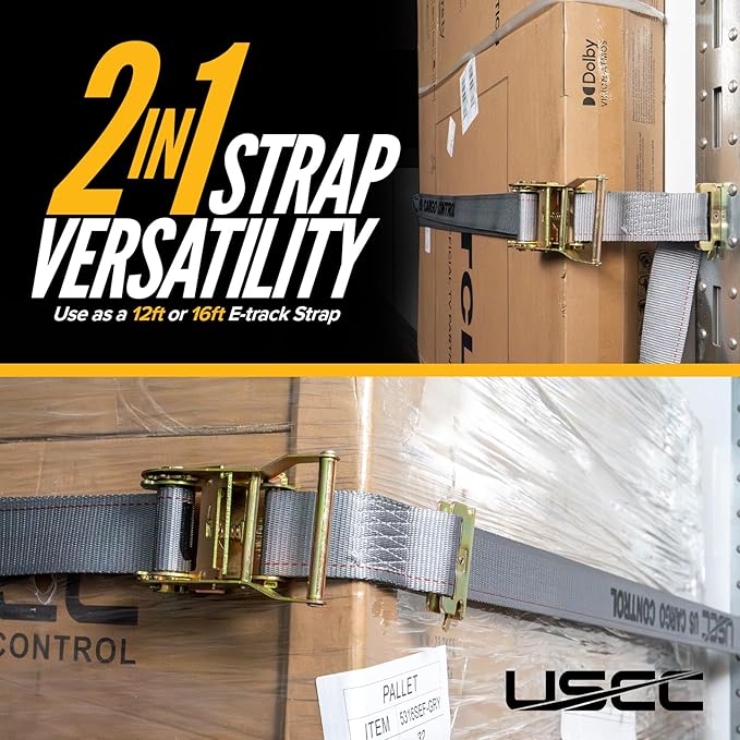 US Cargo Control Double-Fitted E Track Strap 2" x 16', 4,400 LBS Break Strength, Gray Heavy Duty E Track Ratchet Straps with 3 Spring E-Fittings, Versatile 2-in-1 Logistic Tiedowns