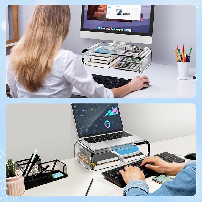 AboveTEK Acrylic Monitor Stand – Clear Monitor Riser & Computer Desk Stand, Premium Acrylic Laptop Stand for Home Office, PC TV Stand with Keyboard Storage Heavy Duty Desk Riser