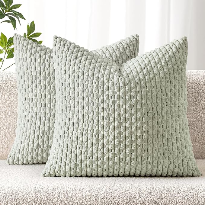 MIULEE Decorative Throw Pillow Covers 16x16 Light Green Textured Corduroy | Pack of 2 Striped Pillow Covers Modern Farmhouse Home Decor for Couch Bed Sofa Living Room