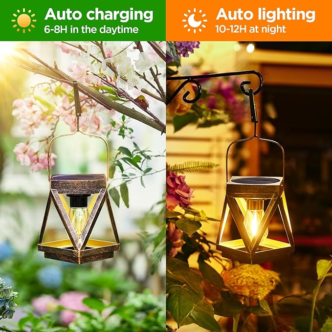 KOOPER Solar Lanterns Outdoor Waterproof, 4 Pack Upgraded Metal Hanging Solar Lights Outdoor Lantern Decorative, Bright Bronze Hanging Lanterns for Yard Patio Table Pathway Garden Decor