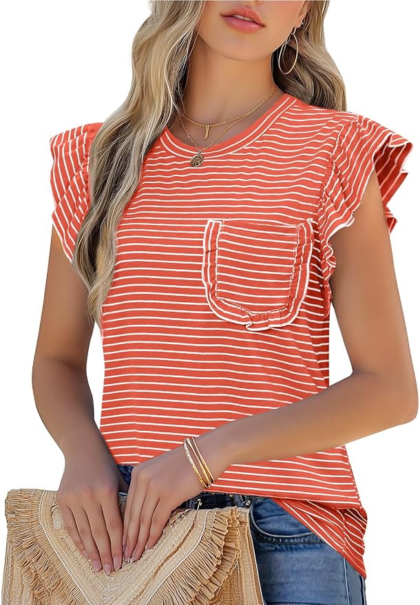 JUSTFASHIONNOW Womens Summer Tops Striped T-Shirts 2026 Ruffle Short Sleeve Crew Neck Casual Blouses with Pocket