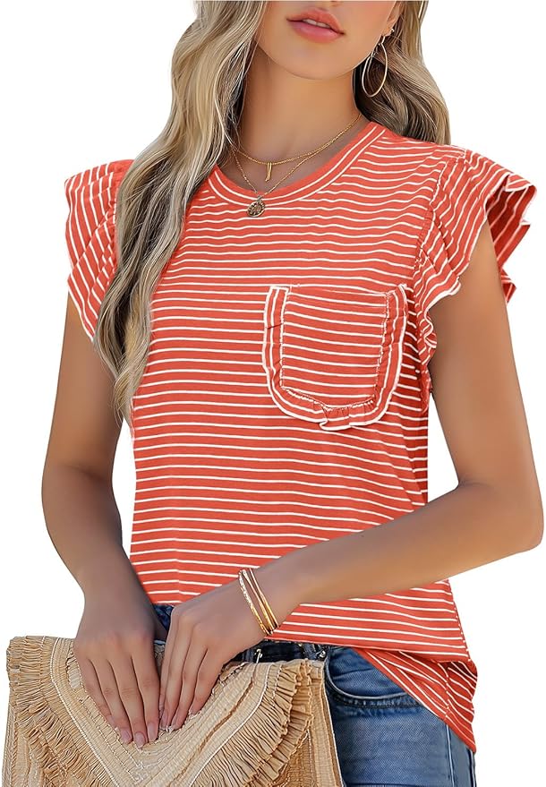 JUSTFASHIONNOW Womens Summer Tops Striped T-Shirts 2026 Ruffle Short Sleeve Crew Neck Casual Blouses with Pocket