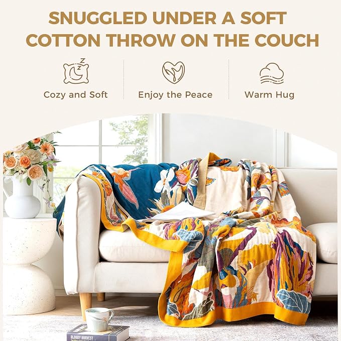 LUTBM King Throw Blanket for Bed -100% Cotton Soft Boho Summer Blankets | 90"x108" Reversible Floral Butterfly Bedspread, All-Season, For Chair Sofa Couch Bedroom Decor, Lightweight Breathable Quilt