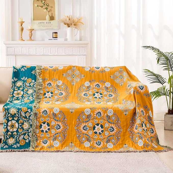 XIBLC Boho Throw Blanket, 100% Cotton Ultra Soft Luxury Throw Rustic Quilt, Floral Printed Farmhouse Decor Bed Summer Blankets, All Season Rustic Reversible Bohemian Throw for Bed (80"x90" Yellow