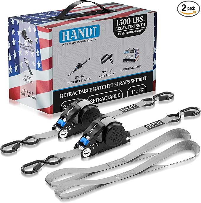 USA Based Retractable Ratchet Straps (2PK) 1in x 16ft - 1,500lb Break Strength, Heavy Duty Automatic Ratchet Straps Self Retractable Tie Down, Push Button Retracting Truck Trailer Cargo | Gray
