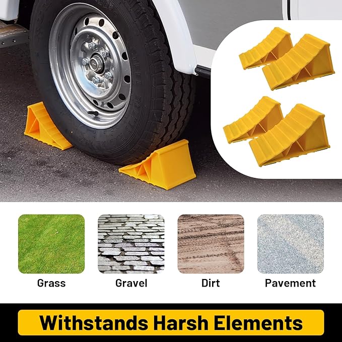 HOXWELL 2 Pairs Wheel Chocks for Travel Trailers, Non Slip Heavy Duty Yellow Wheel Chock, Lightweight Wheel Stoppers for Cars Camper Trucks RVs, Easy to Carry & Suitable for Most Tyre Sizes