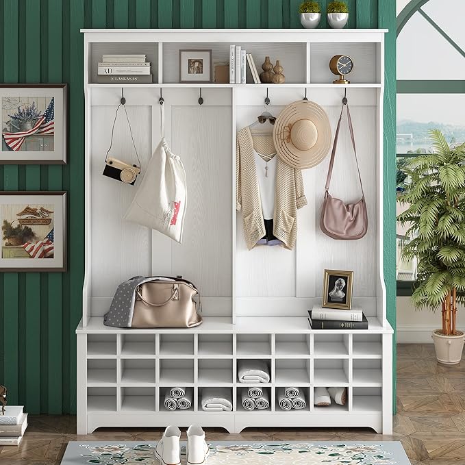 RUNNA Stylish Versatile 60" Wide Coat Rack with Metal Black Hooks and 24 Shoe Cubbies,Hall Tree with 3 Top Shelves and Bench,for Hallway Entryway Mudroom Use (White@e)