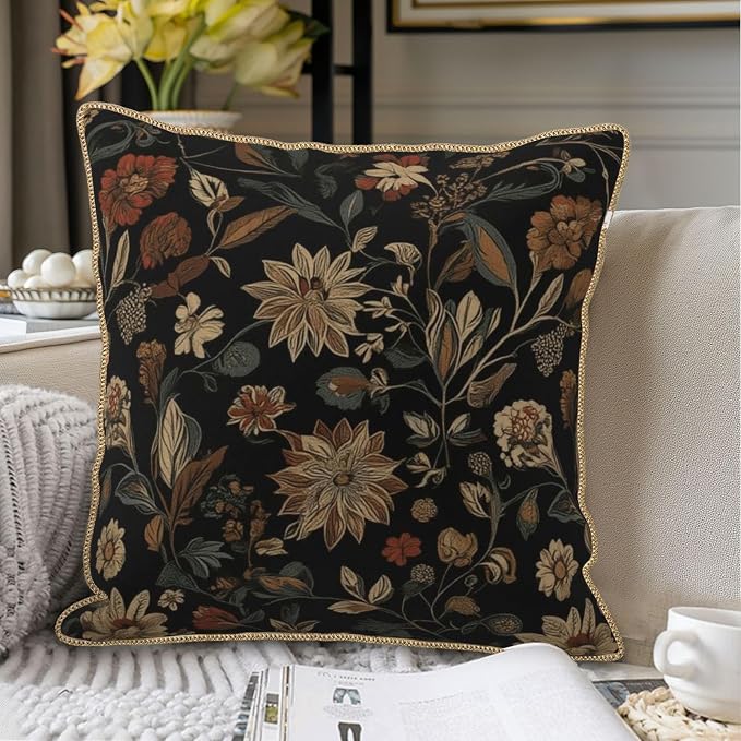 Black Boho Vintage Flowers Velvet Pillow Covers 18x18 Inch Retro Art Brown Floral Throw Pillows for Couch Cushion Covers Pillowcase Farmhouse Bohemian Pillow Cases for Sofa Bed Bedroom