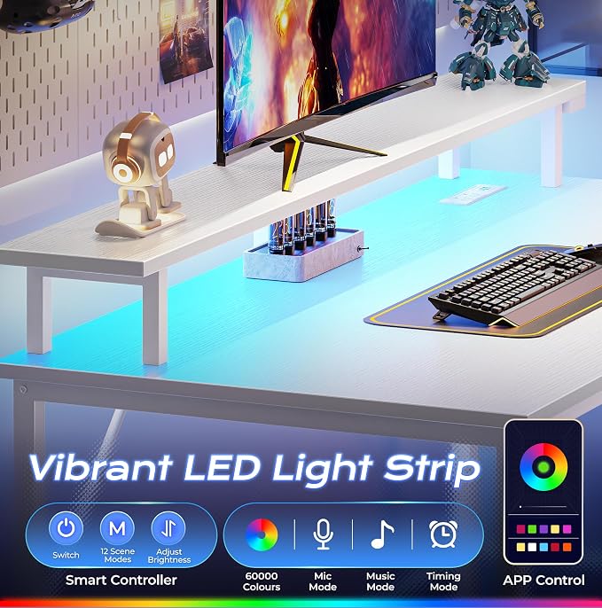 PRAISUN 40 inch Gaming Desk, LED & Power Outlets, Monitor Stand, White | Sturdy PC Desk for Home Office, Study & Work, LED Lights, 4 AC Outlets & USB-C Charging Station