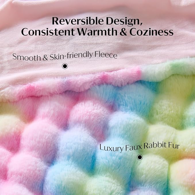 DOWNCOOL Faux Rabbit Fur Throw Blanket, Soft Fluffy Fuzzy Plush Bubble Blanket for Couch Sofa & Bed, Cozy Warm Luxury Fleece Minky Blanket, 60x80 Inches Rainbow