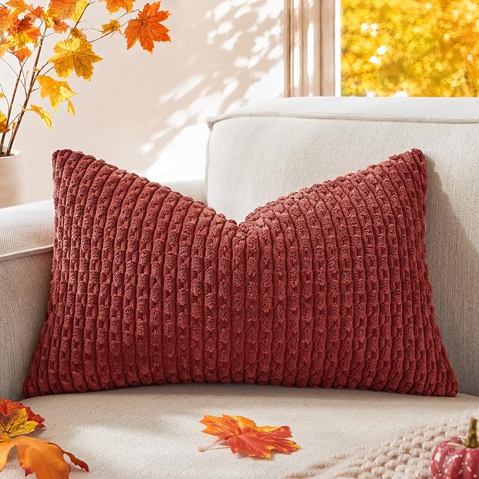 Kevin Textile Soft Corduroy 14"x24" Lumbar Pillow Cover 1 Pack, Burnt Brick | Fall Boho Stripe Plush Corduroy Decorative Oblong Cushion Cover Modern Farmhouse Home Decor for Sofa Couch Bed Chair