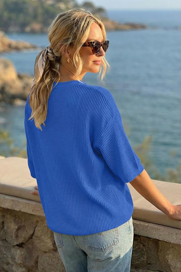 Arach&Cloz Womens Summer 100% Cotton Oversized Crochet Tops 3/4 Length Sleeve Sweater Hollow Out Casual Blouses 2026