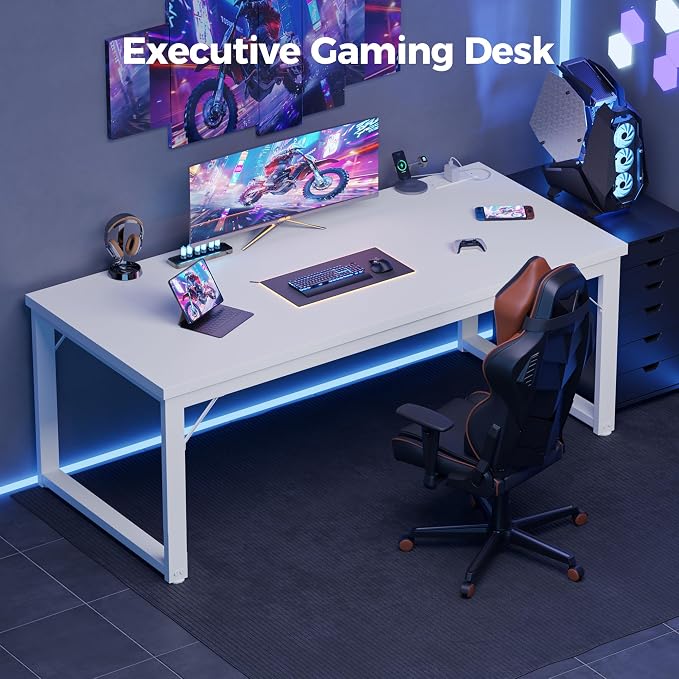 Mericonia 48 Inch Computer Desk with Power Outlets, 1.2" Thick Office Table | Modern Simple Style, Heavy Duty Industrial Frame, Small Study & Writing Table for Home Bedroom Work, White