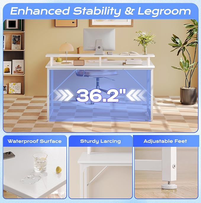 PRAISUN 40 inch Gaming Desk, LED & Power Outlets, Monitor Stand, White | Sturdy PC Desk for Home Office, Study & Work, LED Lights, 4 AC Outlets & USB-C Charging Station