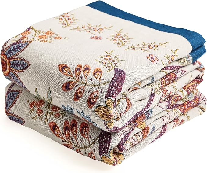 VANJOROY Boho Throw Blanket, 100% Organic Cotton Breathable Skin-Friendly Ultra Soft Bed Quilt Throw - All Season Floral Farmhouse Décor Luxury Blanket for Sofa Couch Chair and Gift. 60" x 80"