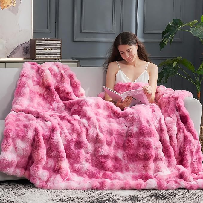 Cozy Bliss Faux Fur Throw Blanket for Couch, Fuzzy Soft Plush Thick Bubble Blanket for Sofa Bedroom Living Room, 60 * 80 Inches Tie Dye Pink