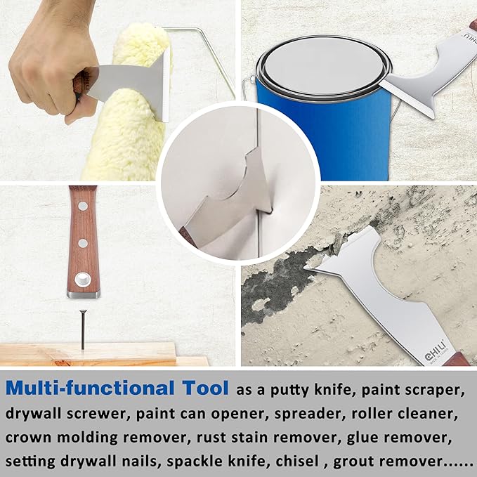 CHILI Tools 2PC. 5 IN 1 Stainless Steel Paint Scraper With Wooden Handle Hammer End, Made In Taiwan