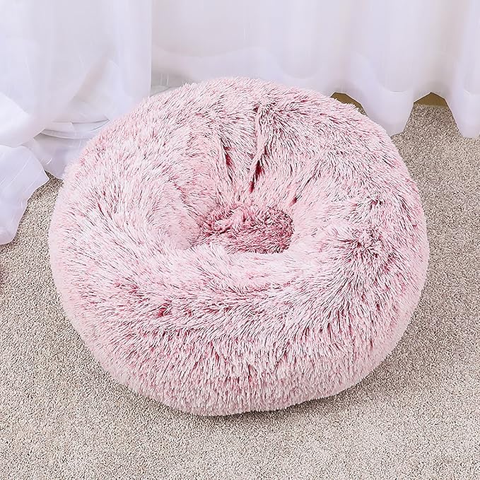 Calming Dog Bed for Small Dogs, Calming Donut Cuddler Pet Bed Anti Anxiety Round Dog Bed Fluffy Plush Faux Fur Cat Bed,Pink,35.5IN