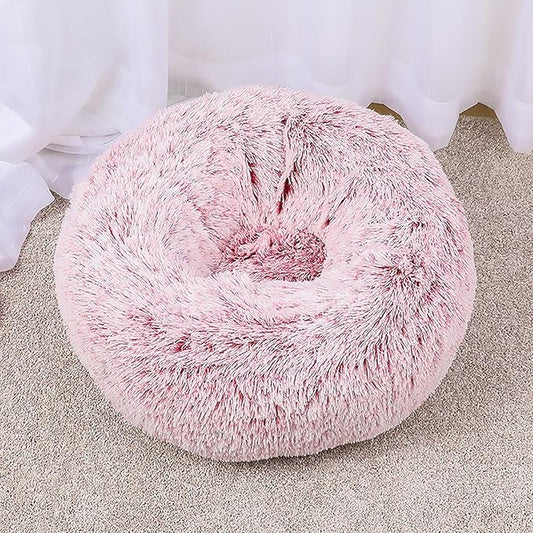 Calming Dog Bed for Small Dogs, Calming Donut Cuddler Pet Bed Anti Anxiety Round Dog Bed Fluffy Plush Faux Fur Cat Bed,Pink,31.5IN