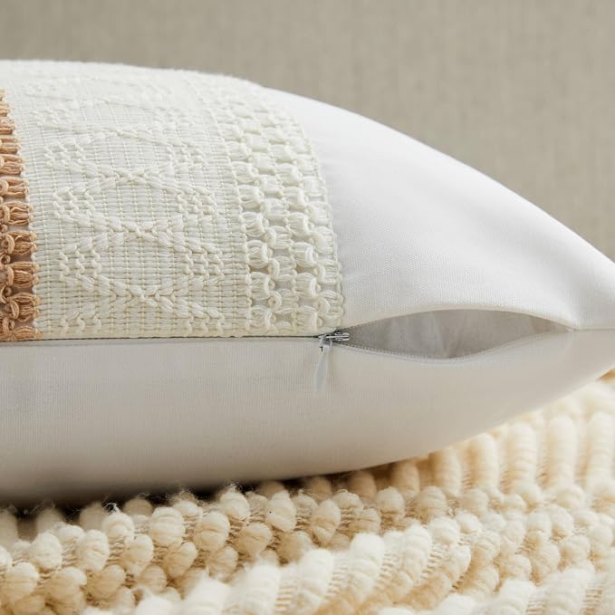 2pk Boho Pillow Covers 12x20, Natural White/Contrast/Beige | 100% Organic Cotton Body, Stripe Embroidery, Farmhouse Decorative Cushion Covers for Sofa Bed Living Room Home Decor