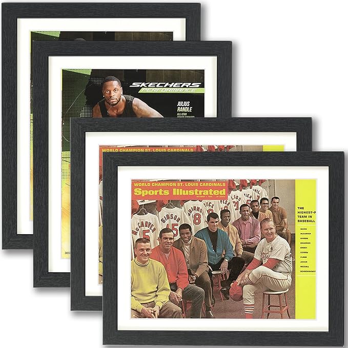 JupDec Sports Magazine Frame 4 Pack, Premium Wood Display Case for 8" x 10.5" Magazines, Wall Mount or Tabletop Stand, Layered Design with Positioning Mat, Perfect for Sports Fans & Home Decor, White