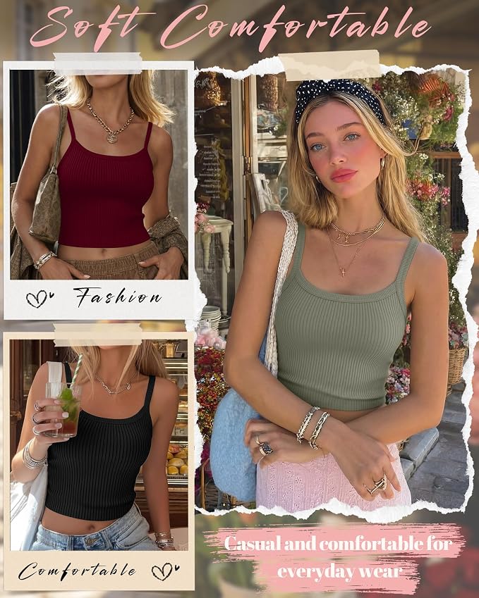 Ficerd 3 Pack Women's Tank Tops 95% Cotton Spaghetti Strap Ribbed Crop Camisole Slim Fitted Basic Summer Sleeveless Layer
