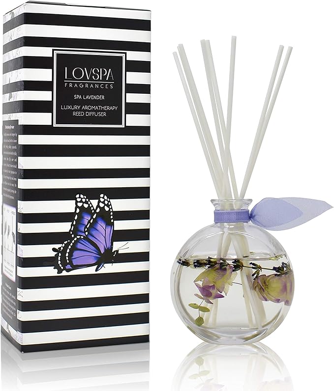 LOVSPA Reed Diffuser Set, Spa Lavender Scented Oil Diffuser with Sticks, Home Fragrance Accessories for Bathroom Shelf Decor, Aroma Diffusers for Home or Office Desk, USA Made