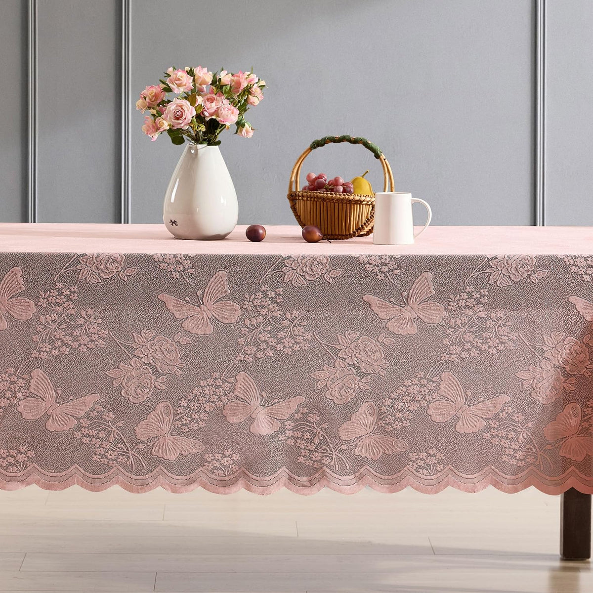 HLC.ME Butterfly Floral Lace Tablecloth, Rectangle, 60x104 Inch, Blush Pink