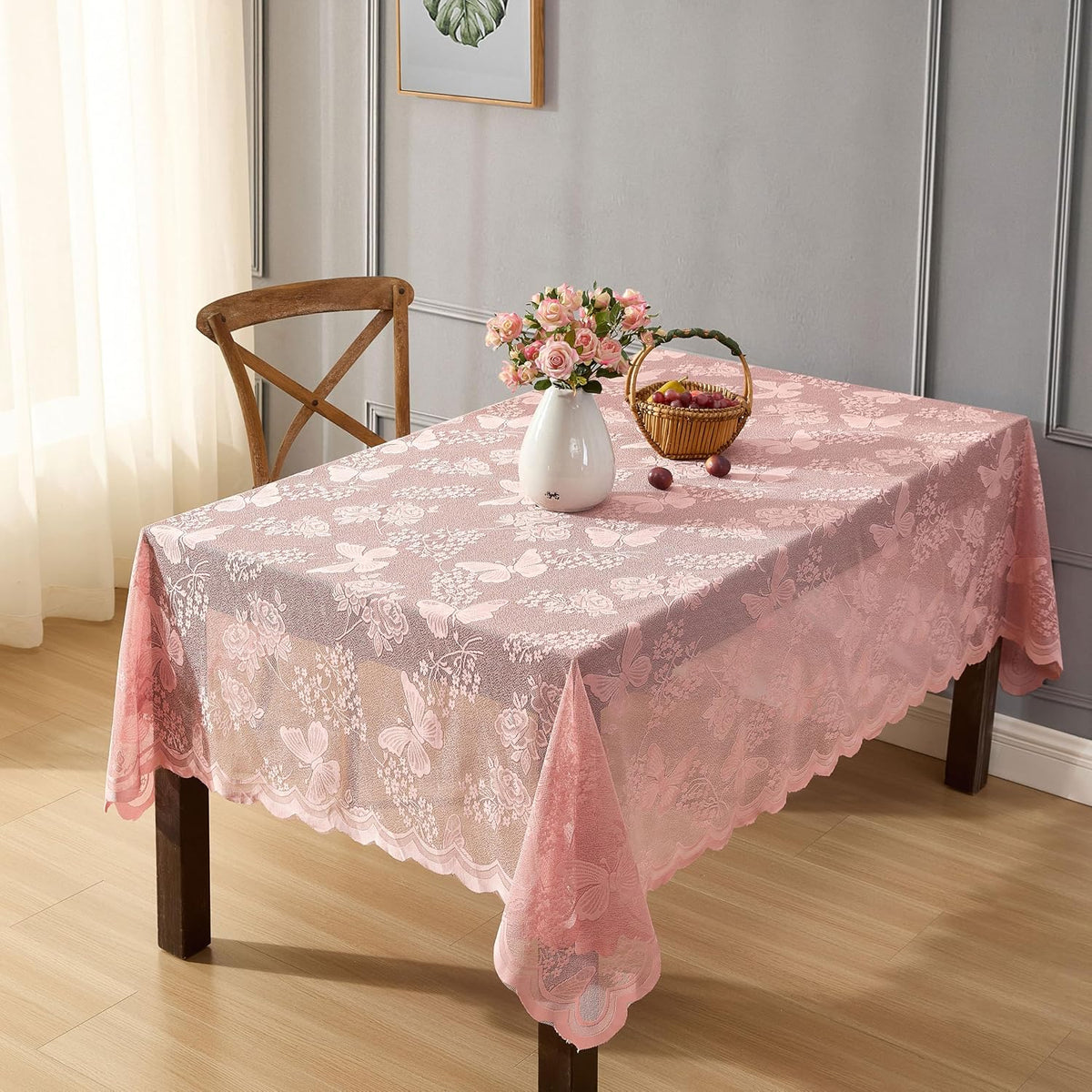 HLC.ME Butterfly Floral Lace Tablecloth, Rectangle, 60x104 Inch, Blush Pink