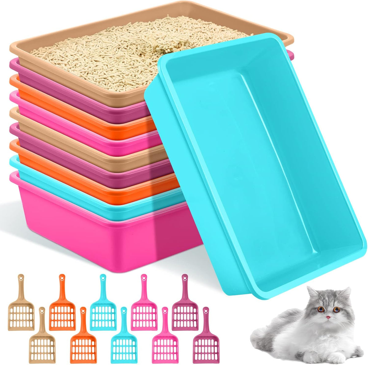 Amyhill 10 Pcs Open Cat Litter Box Kitten Litter Pan with 10 Scooper Medium Plastic Pet Tray Durable Nonstick Kitten Box for Indoor Pets Cats Rabbit Supply Easy to Clean,14.6x10.6x3.4 Inch, 5 Color