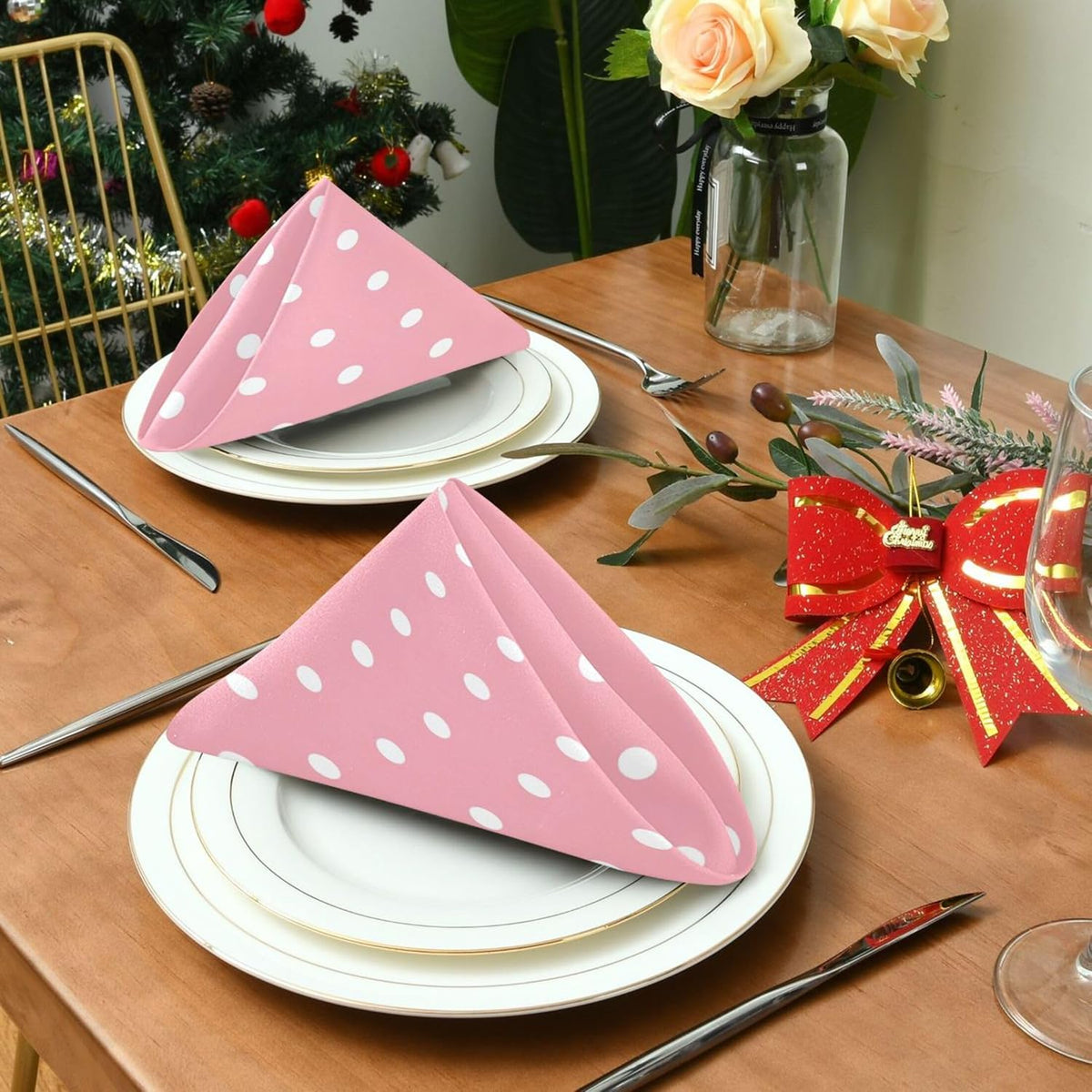 Kigai Cloth Napkins Set of 4 Dots on Pink Dinner Napkins 20x20 in, Washable & Reusable Fabric Table Napkin for Dining Parties Holiday, Eco-Friendly